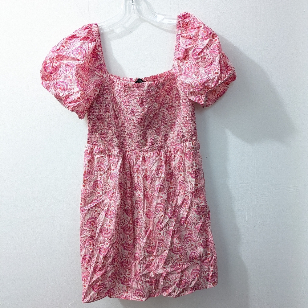 J Crew Puff-sleeve smocked mini dress in dandelion swirl Pockets Women's Medium